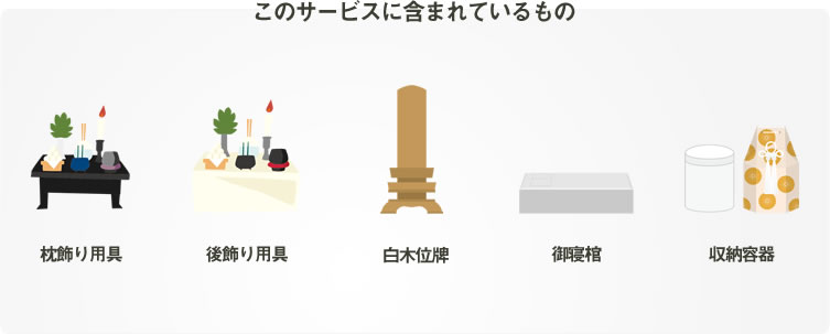 含まれているもの~枕飾り用具・後飾り用具・白木位牌・御寝棺・収納容器~